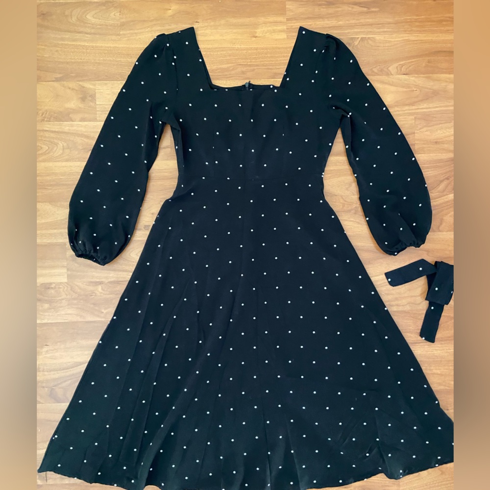 Black & White Polka Dot Long Dress with Square Neckline